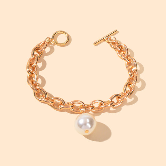 Punk Retro Pearl Beads Charm Crude Gold Link Bracelet Minimalist Ladies Jewelry-1
