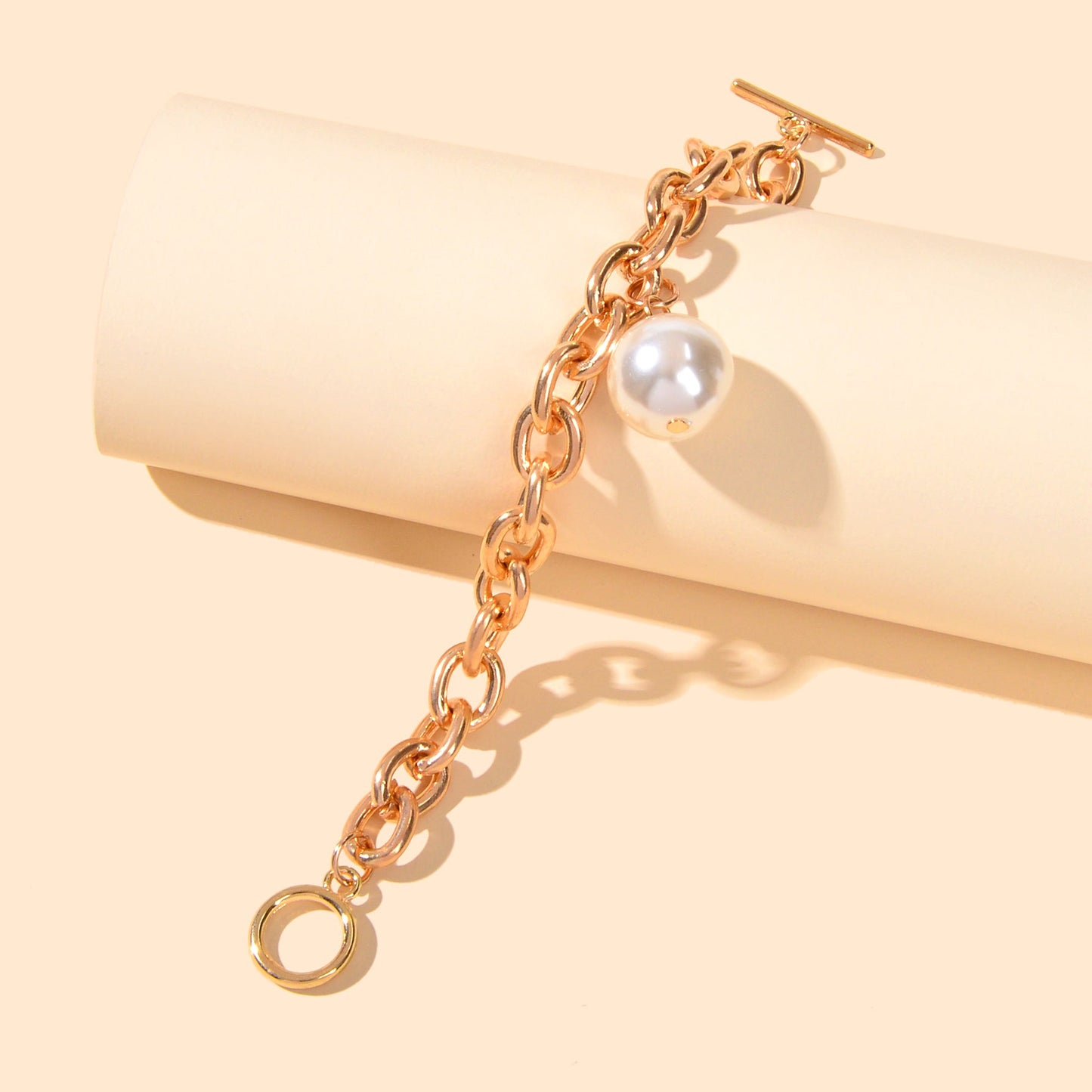 Punk Retro Pearl Beads Charm Crude Gold Link Bracelet Minimalist Ladies Jewelry-3