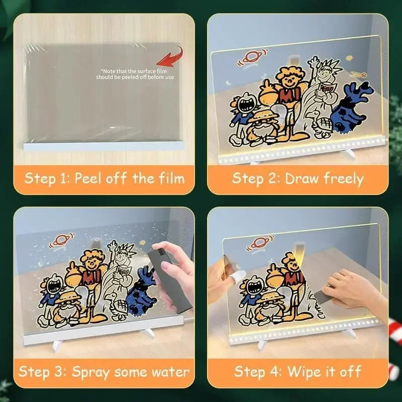 Planche à dessin lumineuse LED transparente pour enfants – Mémo effaçable, tableau magique avec stylo marqueur 7 couleurs et support