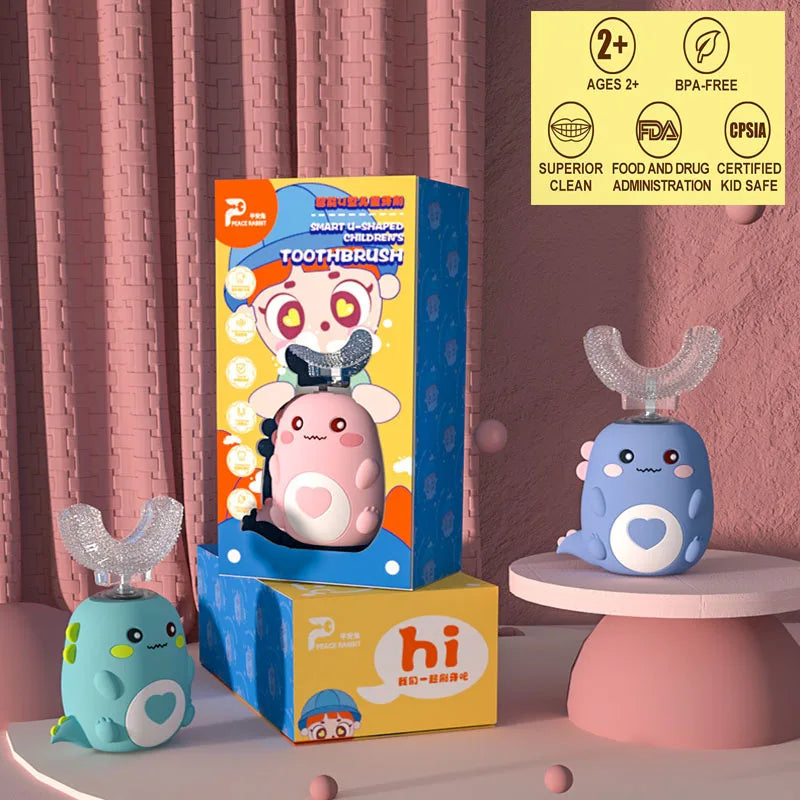 U-Shaped Electric Toothbrush for Kids, Smart Silicone Toothbrush for Kids, Automatic Sonic Toothbrush, Leuven Cartoon, 360°