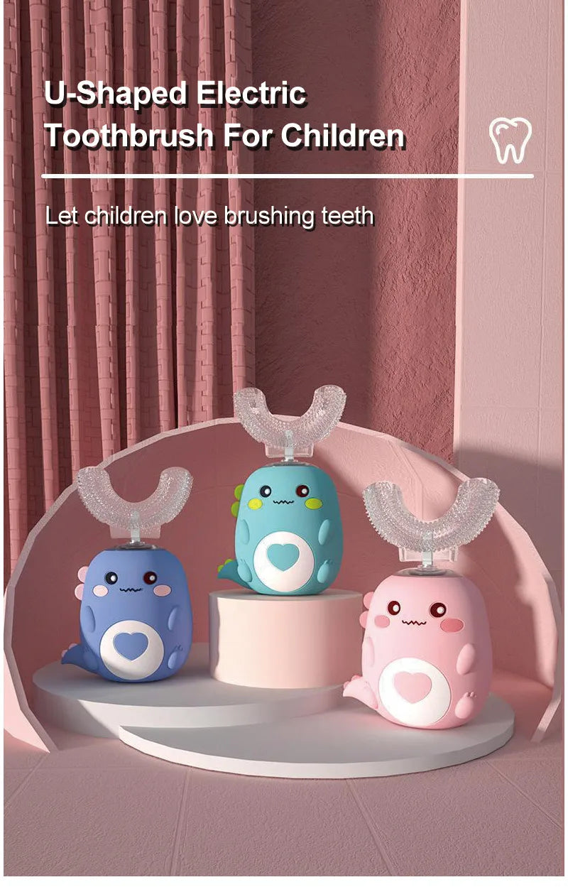 U-Shaped Electric Toothbrush for Kids, Smart Silicone Toothbrush for Kids, Automatic Sonic Toothbrush, Leuven Cartoon, 360°