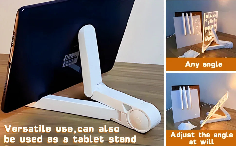 Planche à dessin lumineuse LED transparente pour enfants – Mémo effaçable, tableau magique avec stylo marqueur 7 couleurs et support