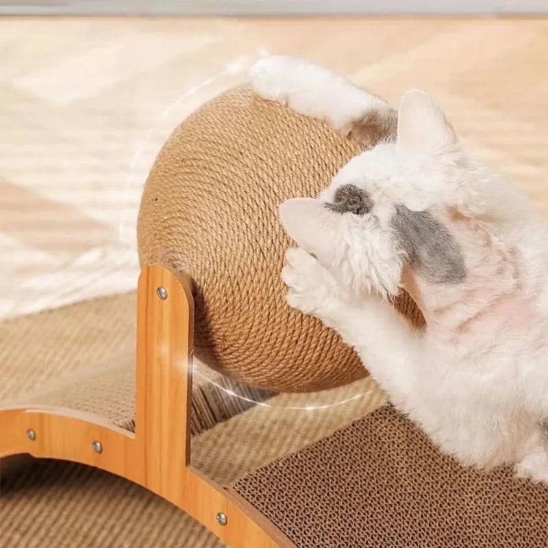 2-in-1 Cat Scratching Ball – Solid Wood and Durable Sisal Scratcher, Interactive Toy for Cats