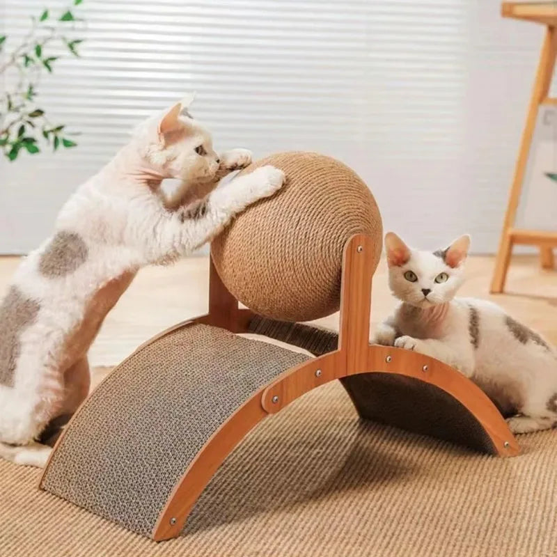 2-in-1 Cat Scratching Ball – Solid Wood and Durable Sisal Scratcher, Interactive Toy for Cats