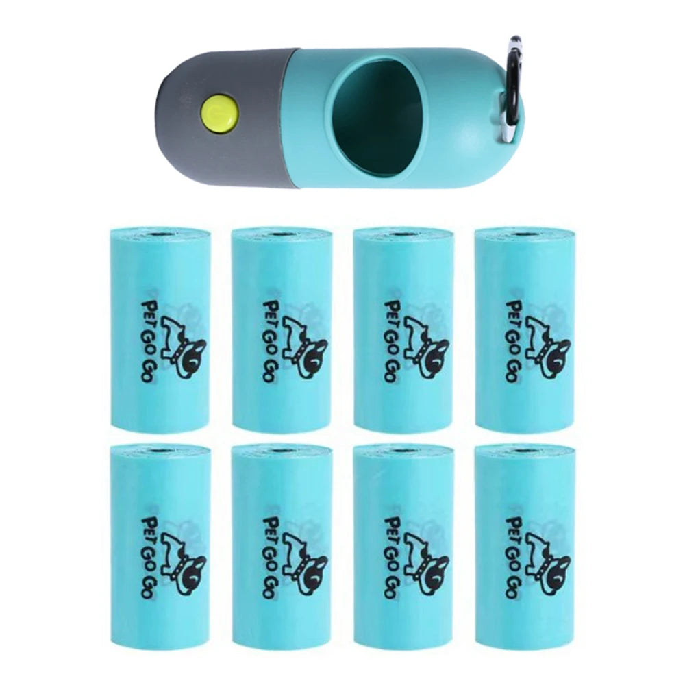 Dispensador de bolsas para excrementos de perro con gancho colgante, bolsas de viaje portátiles, recogida de excrementos de perro, limpieza de mascotas equipado con luz LED
