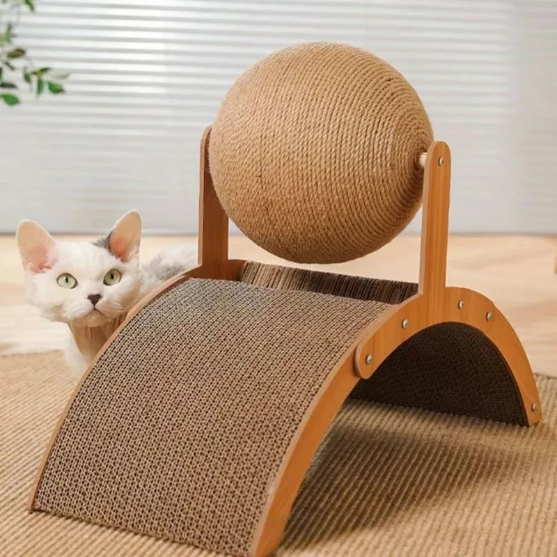 2-in-1 Cat Scratching Ball – Solid Wood and Durable Sisal Scratcher, Interactive Toy for Cats