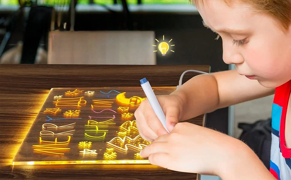 Tavoletta da disegno luminosa LED trasparente per bambini – Memo cancellabile, lavagna magica con pennarello a 7 colori e supporto