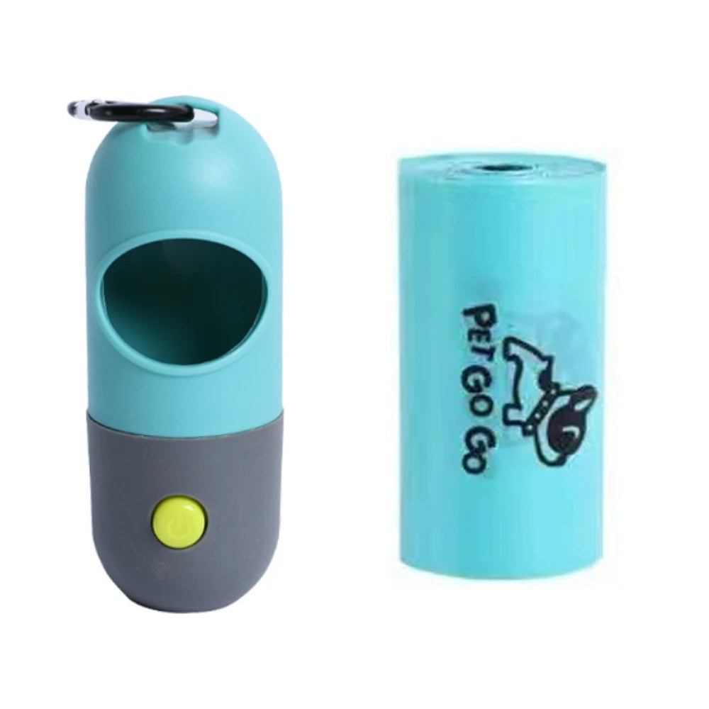 Dispensador de bolsas para excrementos de perro con gancho colgante, bolsas de viaje portátiles, recogida de excrementos de perro, limpieza de mascotas equipado con luz LED