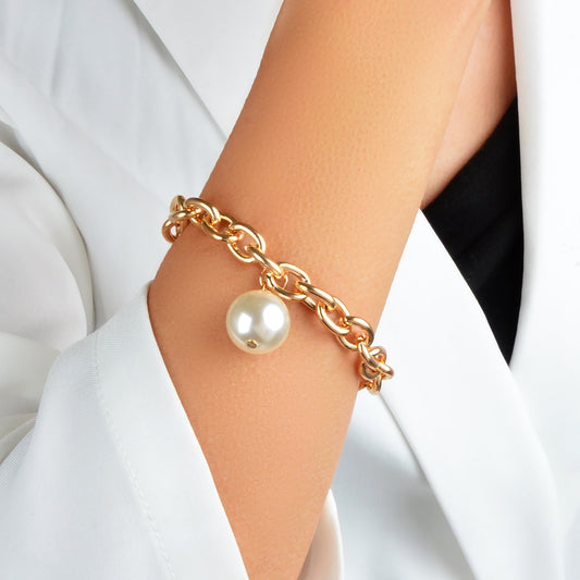 Punk Retro Pearl Beads Charm Crude Gold Link Bracelet Minimalist Ladies Jewelry-0