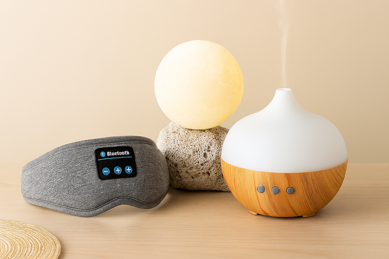 Floraya gadgets for relaxation: Bluetooth headband, LED nightlight and aroma diffuser on a zen table