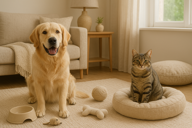 Dog and cat in a cozy interior, surrounded by bowls, toys and Floraya cushions