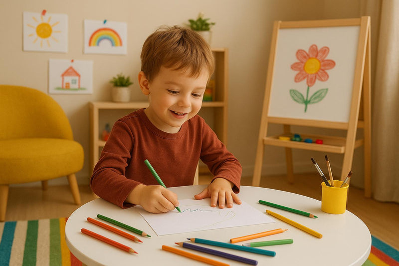 Child playing and drawing in a colorful creative corner at home