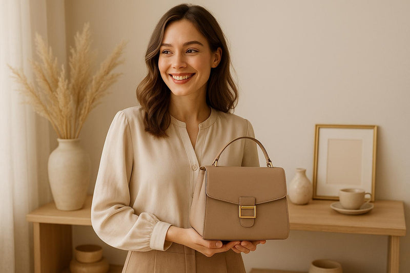 A smiling woman carrying an elegant bag, surrounded by refined objects in a soft and luminous atmosphere