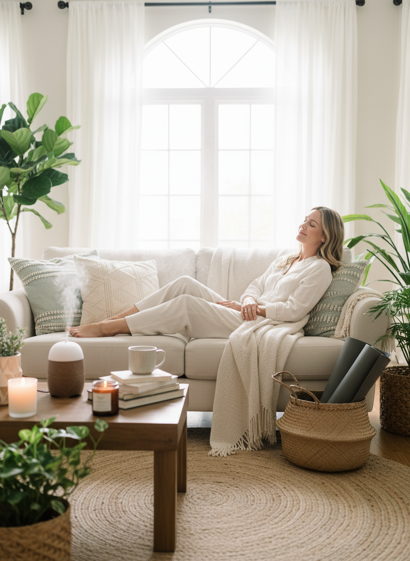 A relaxed woman in a bright interior, surrounded by wellness and decorative accessories.