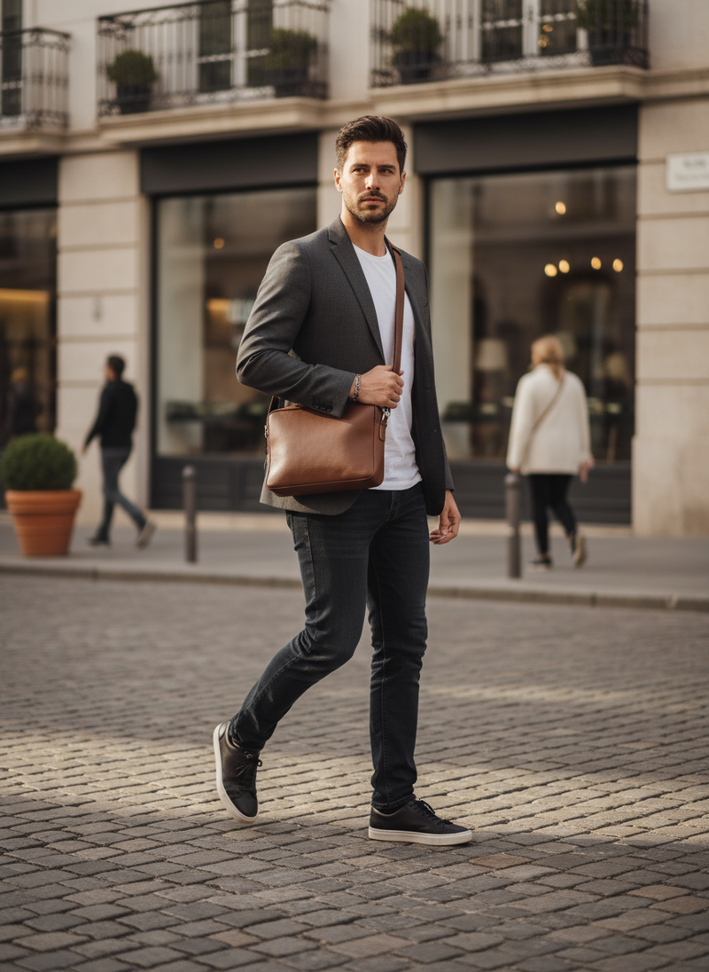 A man on the go with a stylish and minimalist PU leather shoulder bag
