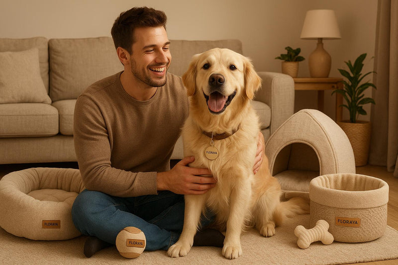 Happy dog and owner in a cozy interior with Floraya pet accessories