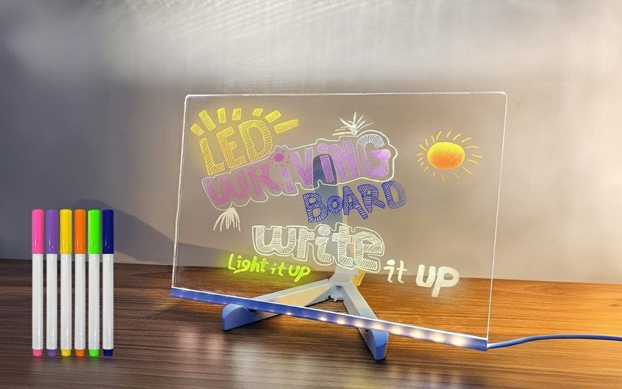 Tavoletta da disegno luminosa LED trasparente per bambini – Memo cancellabile, lavagna magica con pennarello a 7 colori e supporto