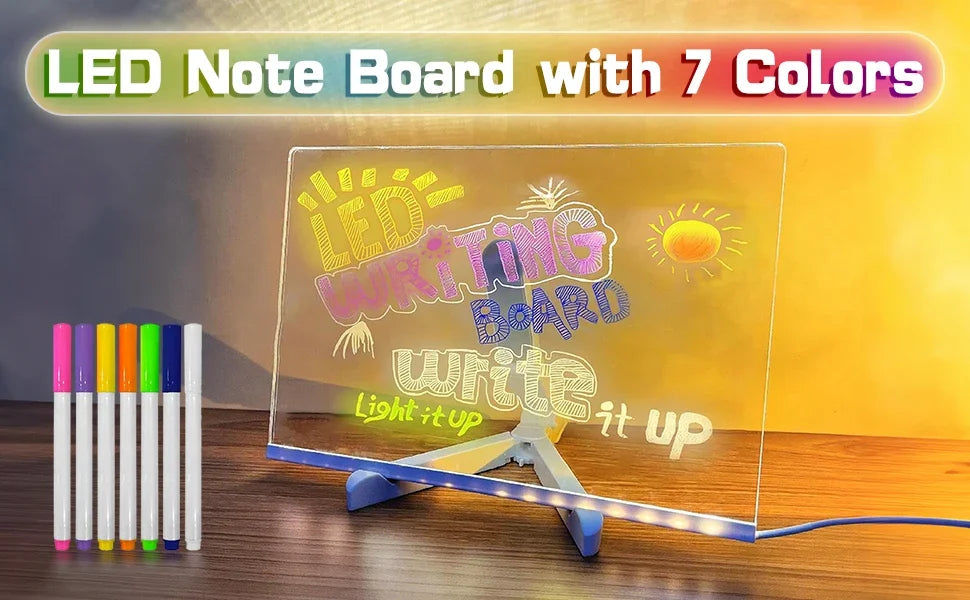 Transparent LED Light Drawing Board for Kids – Erasable Memo, Magic Board with 7-Color Marker Pen and Stand