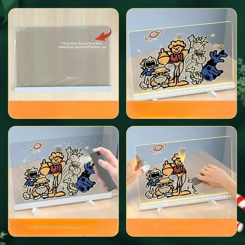 Tavoletta da disegno luminosa LED trasparente per bambini – Memo cancellabile, lavagna magica con pennarello a 7 colori e supporto