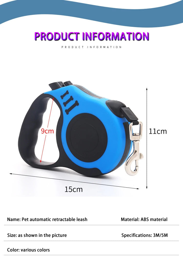 Retractable Dog Leash – 3 m / 5 m, Durable Nylon, Comfortable Handle, for Small and Medium Dogs