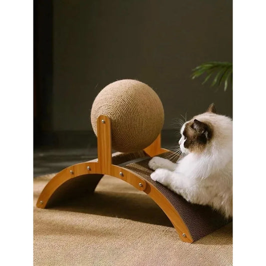 2-in-1 Cat Scratching Ball – Solid Wood and Durable Sisal Scratcher, Interactive Toy for Cats