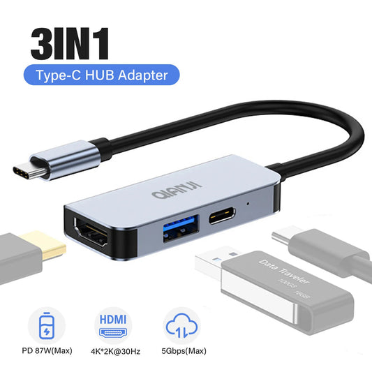 QIANJI USB-C Multiport Adapter – 3 in 1 Thunderbolt Type-C Hub, 4K HDMI, USB 3.0, 100W Charging – Compatible Galaxy, MacBook, iPhone, iPad