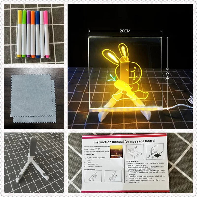 Transparent LED Light Drawing Board for Kids – Erasable Memo, Magic Board with 7-Color Marker Pen and Stand