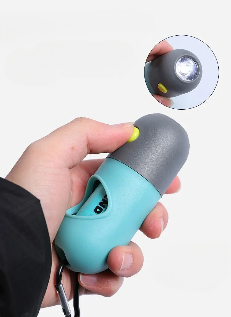 Distributore di sacchetti per escrementi di cane con gancio sospeso, sacchetti da viaggio portatili, raccolta degli escrementi del cane, pulizia degli animali domestici con illuminazione a LED