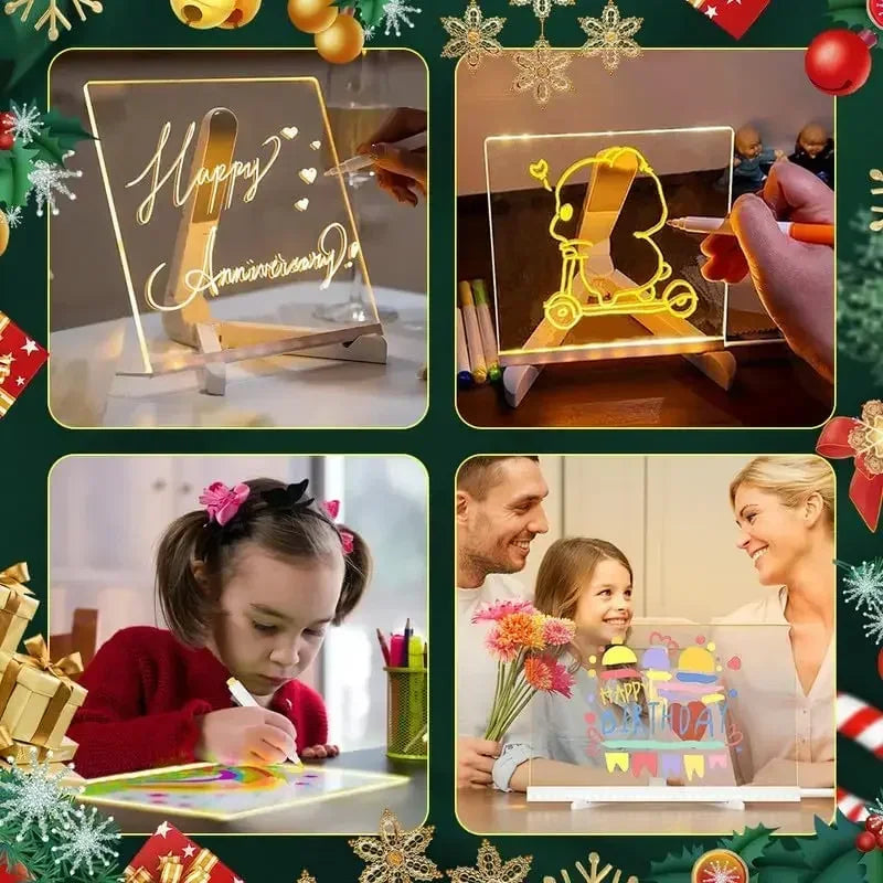 Transparent LED Light Drawing Board for Kids – Erasable Memo, Magic Board with 7-Color Marker Pen and Stand
