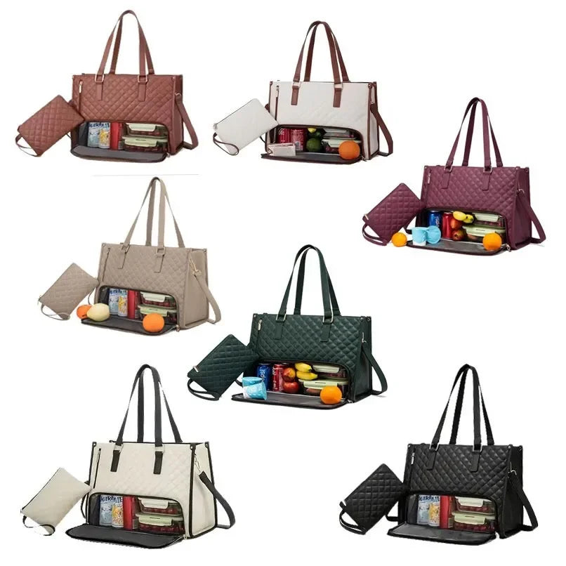 Borsa Pranzo Grande Capacità – Borsa Elegante in PU, Design a Griglia Diamante, Borsa a Mano & Tracolla Polivalente