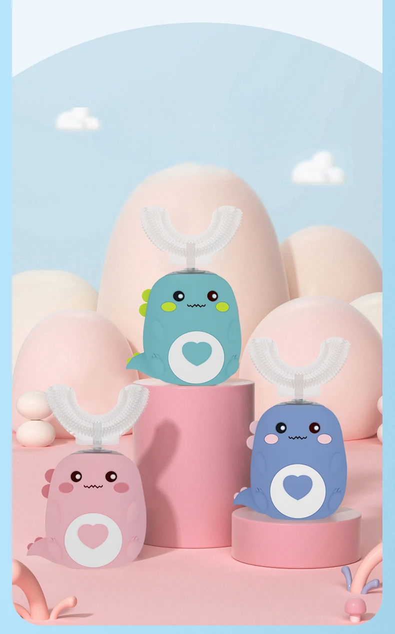 Spazzolino elettrico a forma di U per bambini, spazzolino intelligente in silicone, spazzolino sonico automatico, Leuven Cartoon, 360°