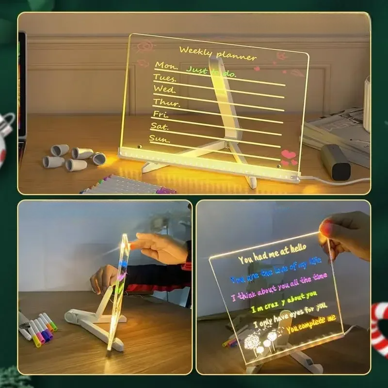 Tavoletta da disegno luminosa LED trasparente per bambini – Memo cancellabile, lavagna magica con pennarello a 7 colori e supporto