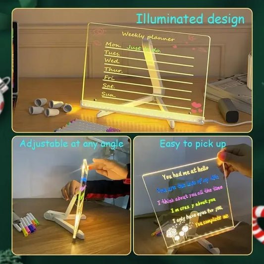 Transparent LED Light Drawing Board for Kids – Erasable Memo, Magic Board with 7-Color Marker Pen and Stand