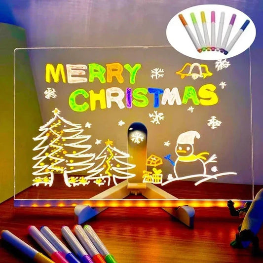 Transparent LED Light Drawing Board for Kids – Erasable Memo, Magic Board with 7-Color Marker Pen and Stand