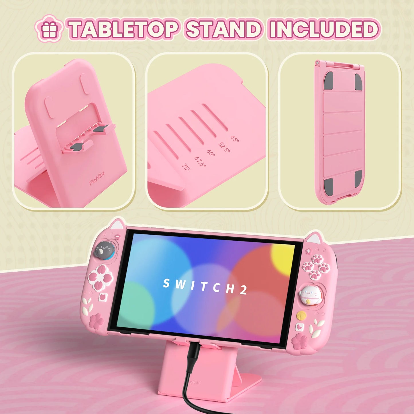 PlayVital Cherry Blossom Kitten™ – Custodia rosa adorabile con maniglie in silicone per Nintendo Switch 2 | Protezione e stile kawaii giapponese 🌸🐱