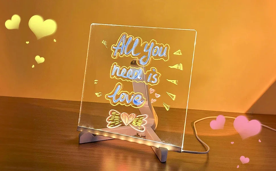 Transparent LED Light Drawing Board for Kids – Erasable Memo, Magic Board with 7-Color Marker Pen and Stand