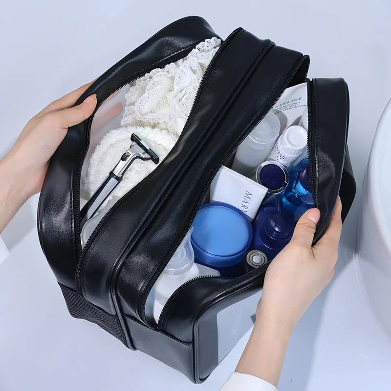 Transparent PU makeup bag – Dual dry and wet compartments, portable cosmetic bag for travel, fitness and swimming