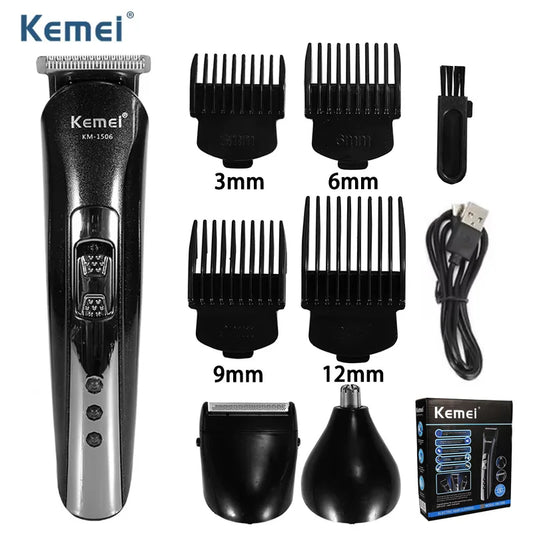 Kemei KM-1506 Tagliacapelli Elettrico 3-in-1 – USB Ricaricabile per Capelli, Barba e Naso, Rasoio Professionale