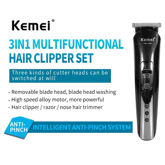 Kemei KM-1506 Tagliacapelli Elettrico 3-in-1 – USB Ricaricabile per Capelli, Barba e Naso, Rasoio Professionale