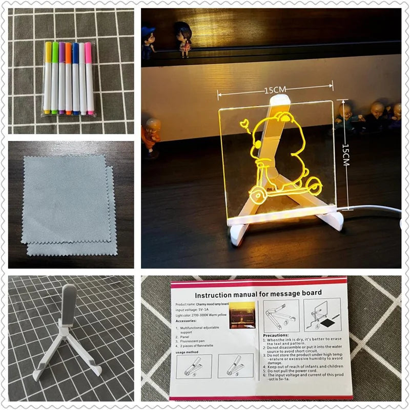 Transparent LED Light Drawing Board for Kids – Erasable Memo, Magic Board with 7-Color Marker Pen and Stand