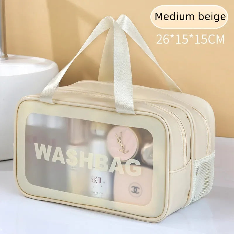 Transparent PU makeup bag – Dual dry and wet compartments, portable cosmetic bag for travel, fitness and swimming