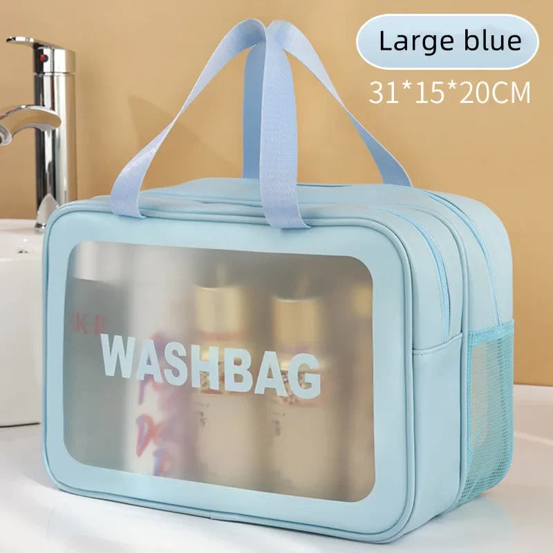 Transparent PU makeup bag – Dual dry and wet compartments, portable cosmetic bag for travel, fitness and swimming