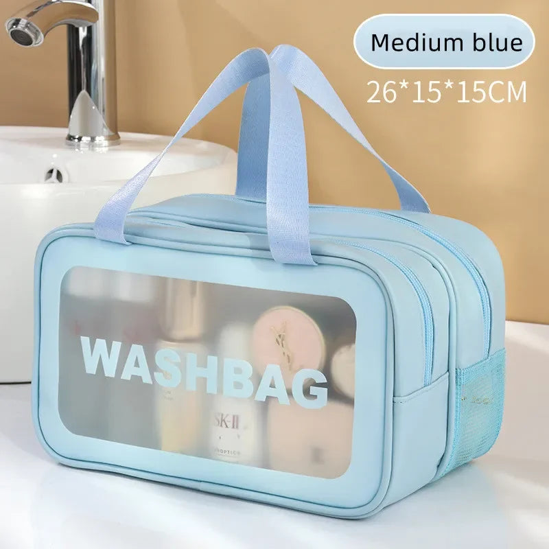 Transparent PU makeup bag – Dual dry and wet compartments, portable cosmetic bag for travel, fitness and swimming