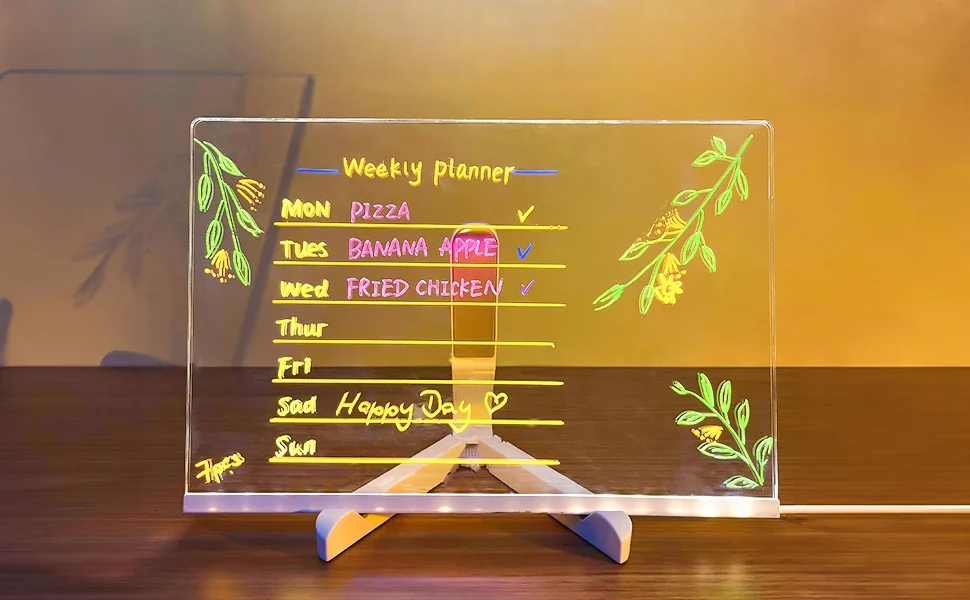 Tavoletta da disegno luminosa LED trasparente per bambini – Memo cancellabile, lavagna magica con pennarello a 7 colori e supporto