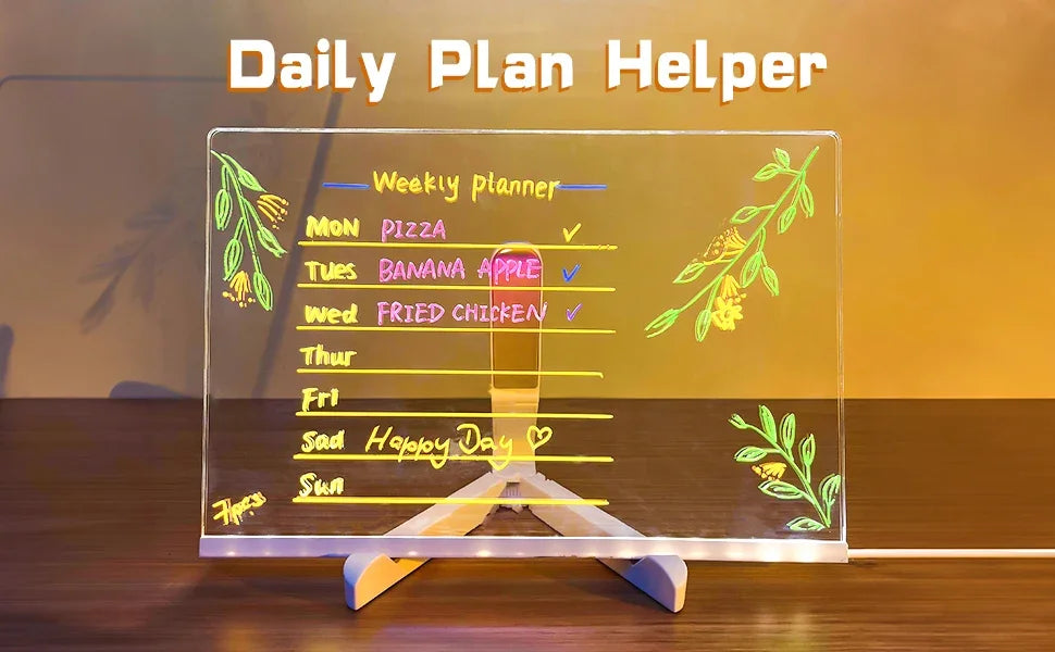 Transparent LED Light Drawing Board for Kids – Erasable Memo, Magic Board with 7-Color Marker Pen and Stand