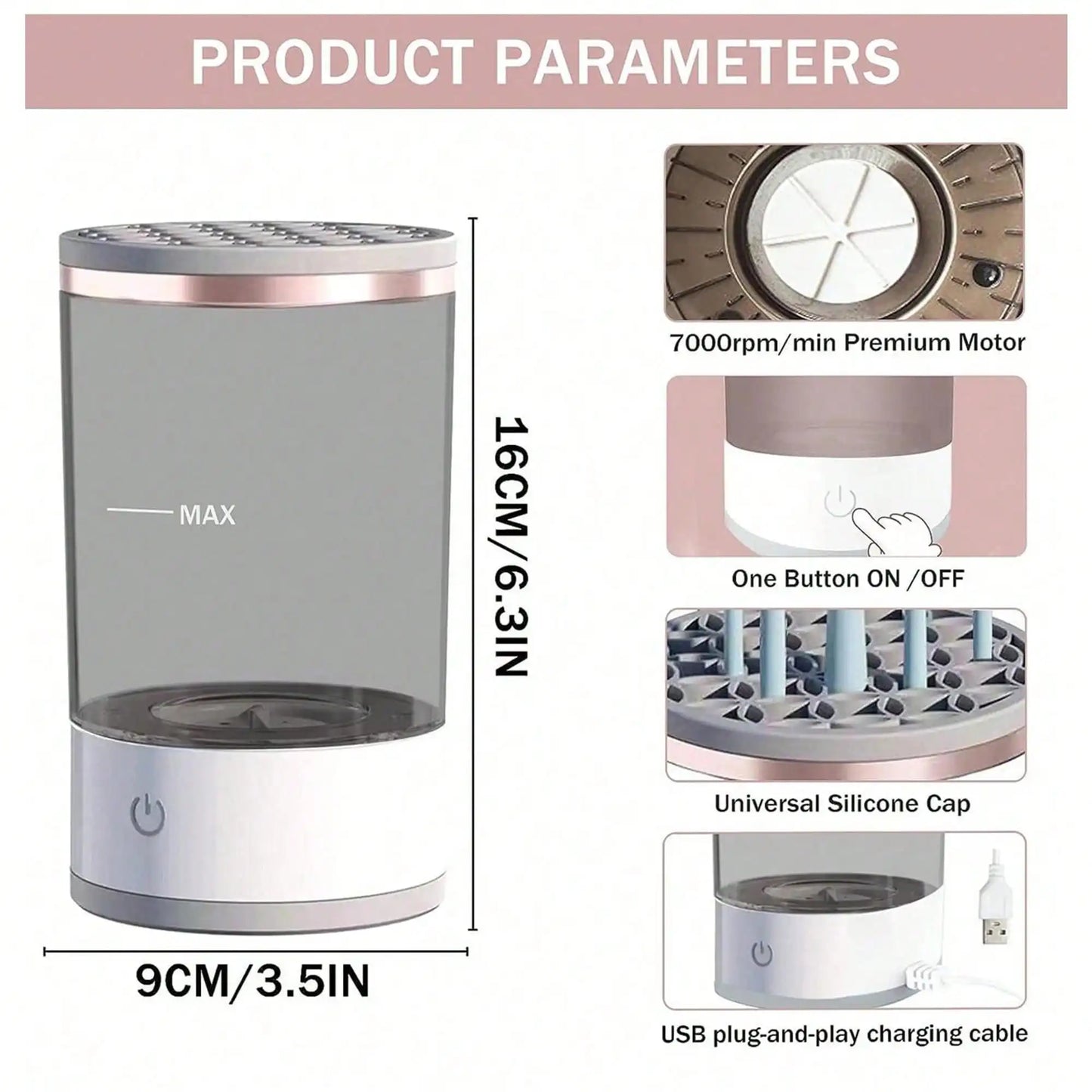 Limpiador eléctrico de brochas de maquillaje – 7000 rpm, USB, silencioso y universal