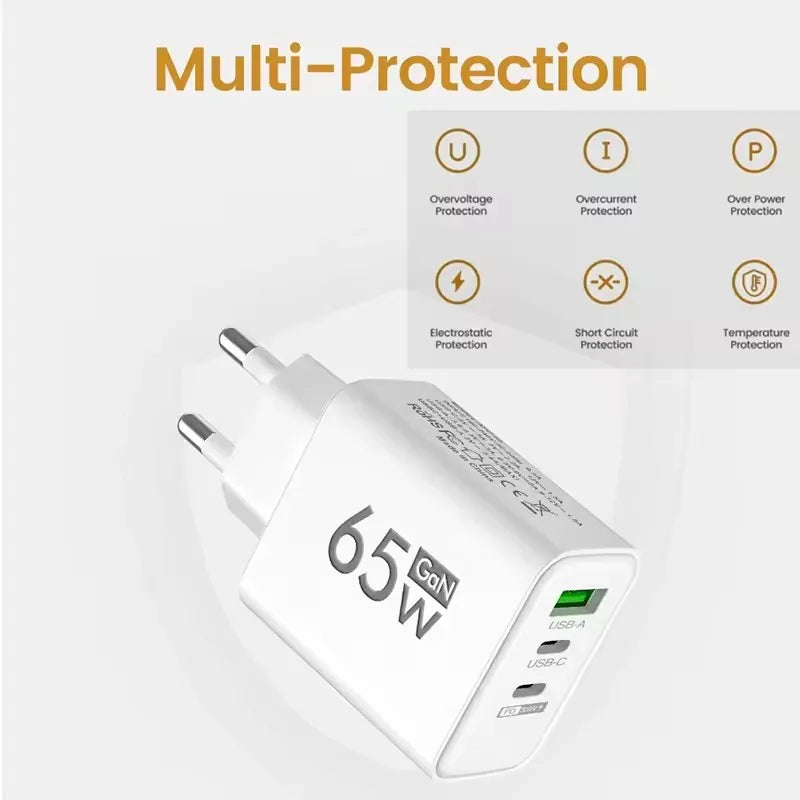 GAN 65W Fast Charging USB European Plug QC3.0 EU KR PD Fast Charging Head