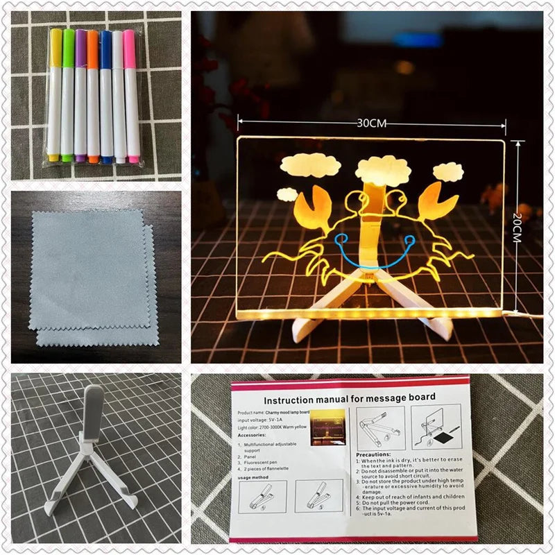 Transparent LED Light Drawing Board for Kids – Erasable Memo, Magic Board with 7-Color Marker Pen and Stand