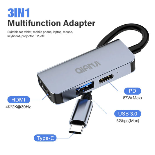 QIANJI USB-C Multiport Adapter – 3 in 1 Thunderbolt Type-C Hub, 4K HDMI, USB 3.0, 100W Charging – Compatible Galaxy, MacBook, iPhone, iPad