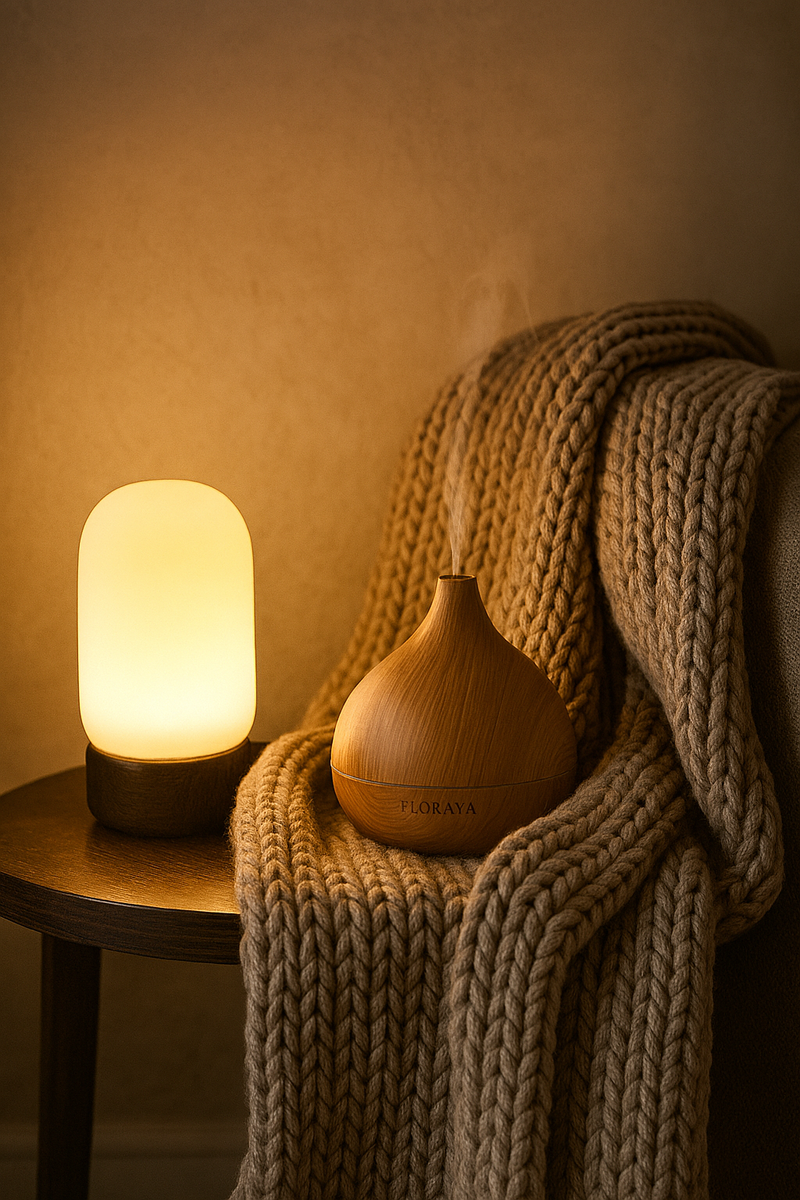 A cozy atmosphere with an LED lamp, soft throw blanket and Floraya essential oil diffuser